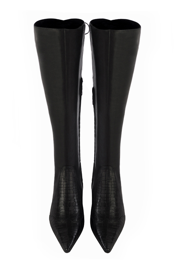 Satin black women's knee-high boots, with laces at the back. Pointed toe. Low flare heels. Made to measure. Top view - Florence KOOIJMAN